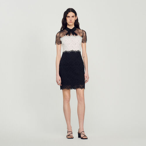 SANDRO TWO-TONE LACE MINI DRESS - Black / White