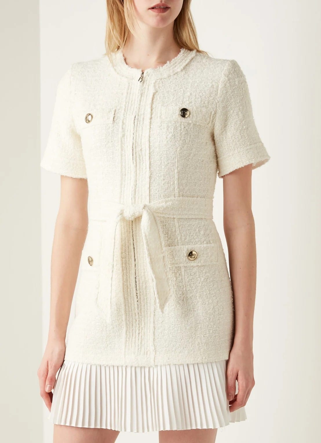 Sandro tweed mini dress  with belt - White