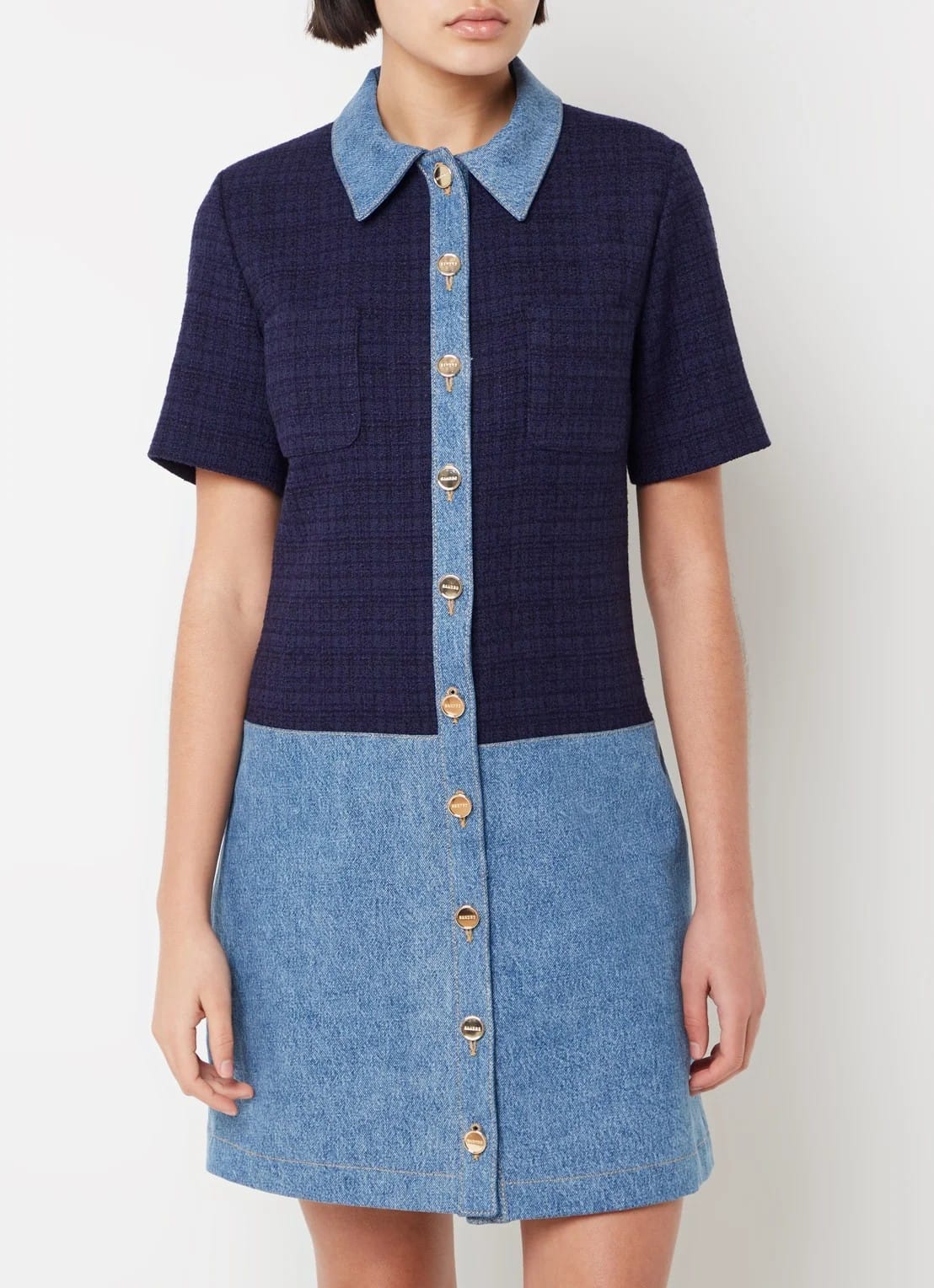 Sandro Mini tweed-look blouse dress with denim details - Blue