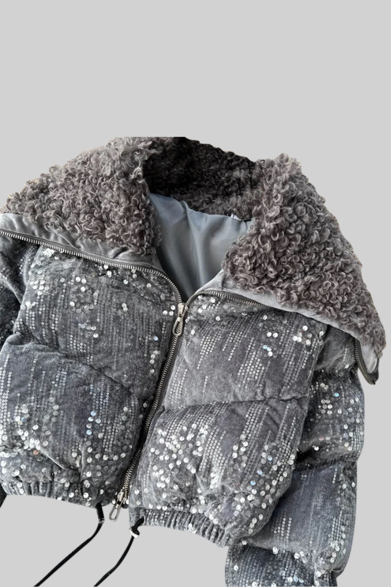 MONACO Glamorous Jacket with Sparkles and Fur Detail - Gray