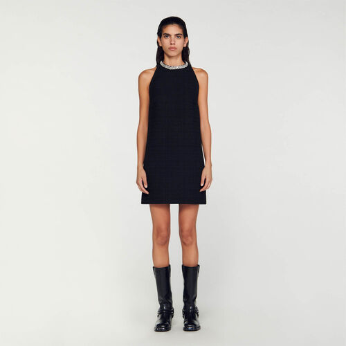 SANDRO  MINI DRESS WITH JEWELLERY CRYSTAL COLLAR - Black