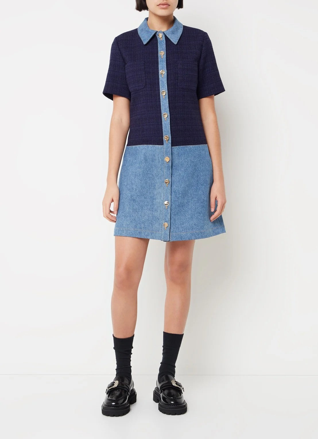 Sandro Mini tweed-look blouse dress with denim details - Blue