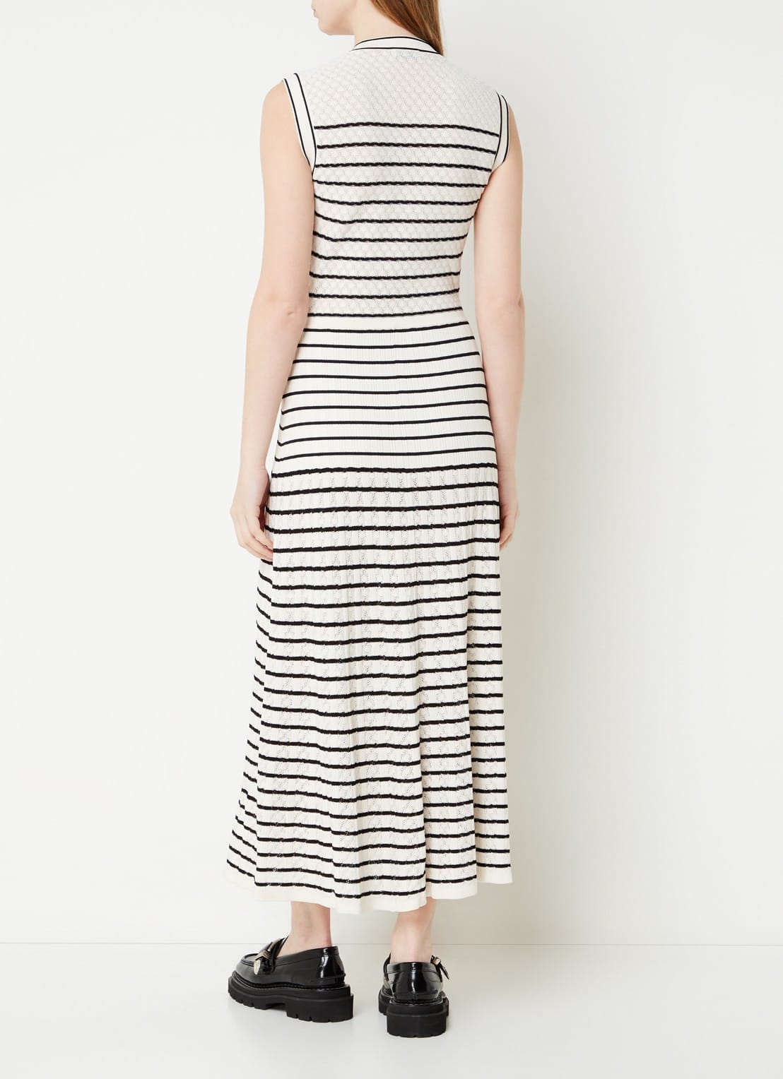 Sandro Fine knit maxi blouse dress with stripe print and patch pockets - White