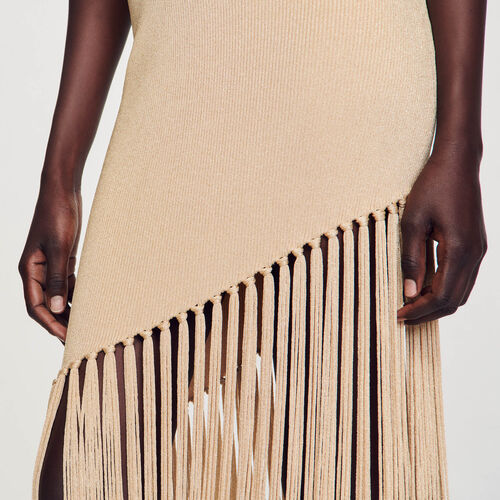 SANDRO ASYMMETRICAL FRINGED MAXI DRESS - Beige