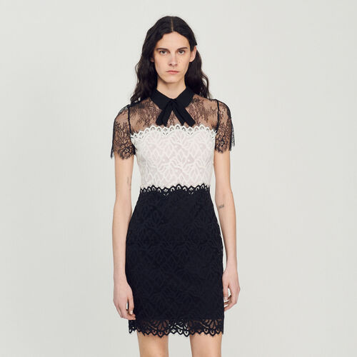 SANDRO TWO-TONE LACE DRESS - White / Black