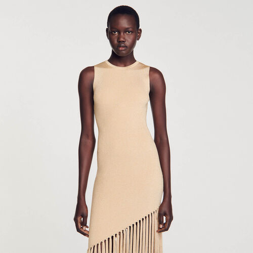 SANDRO ASYMMETRICAL FRINGED MAXI DRESS - Beige