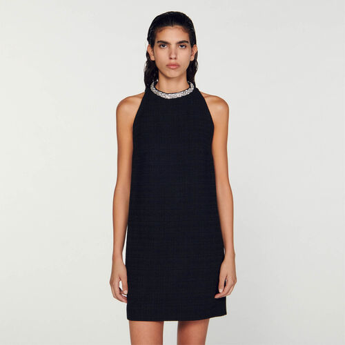 SANDRO  MINI DRESS WITH JEWELLERY CRYSTAL COLLAR - Black