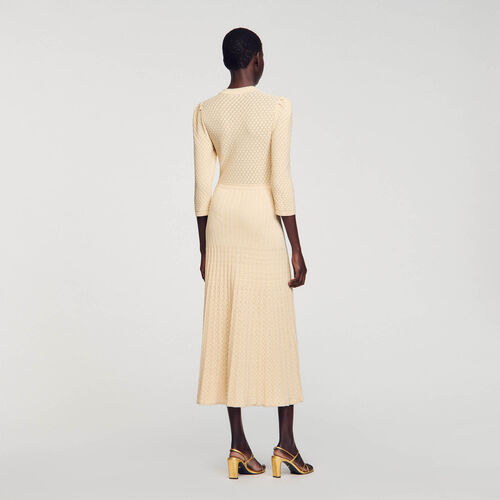 SANDRO POINTELLE KNIT MIDI DRESS - Beige