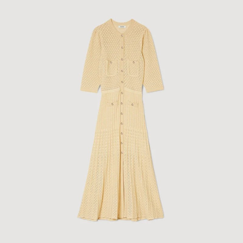 SANDRO POINTELLE KNIT MIDI DRESS - Beige