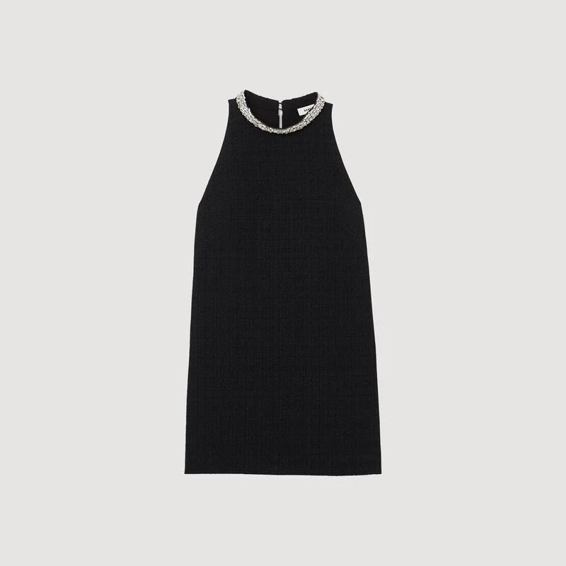 SANDRO  MINI DRESS WITH JEWELLERY CRYSTAL COLLAR - Black