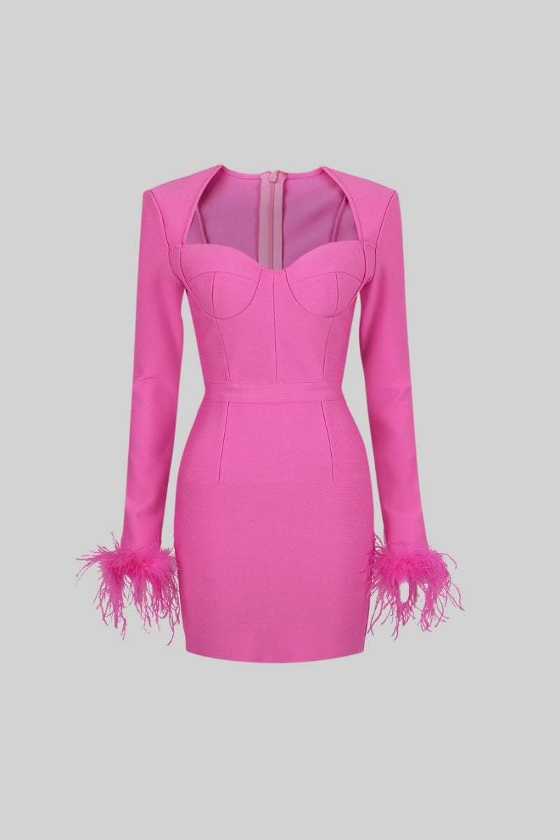 FRANCINE Long Sleeve Fur Mini Dress - Fuchsia Pink