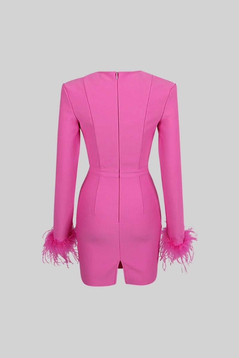 FRANCINE Long Sleeve Fur Mini Dress - Fuchsia Pink