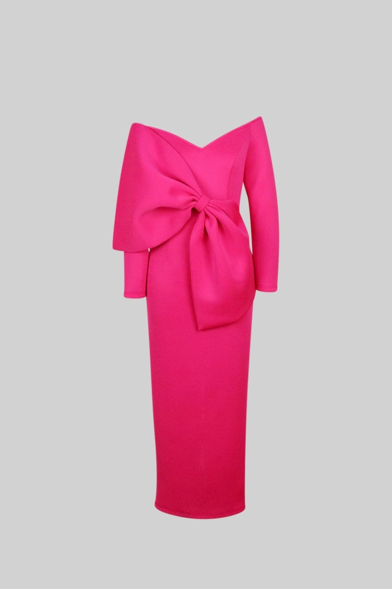 LEA Long Sleeve Cut Out Ribbon Midi Dress - Fuchsia Pink