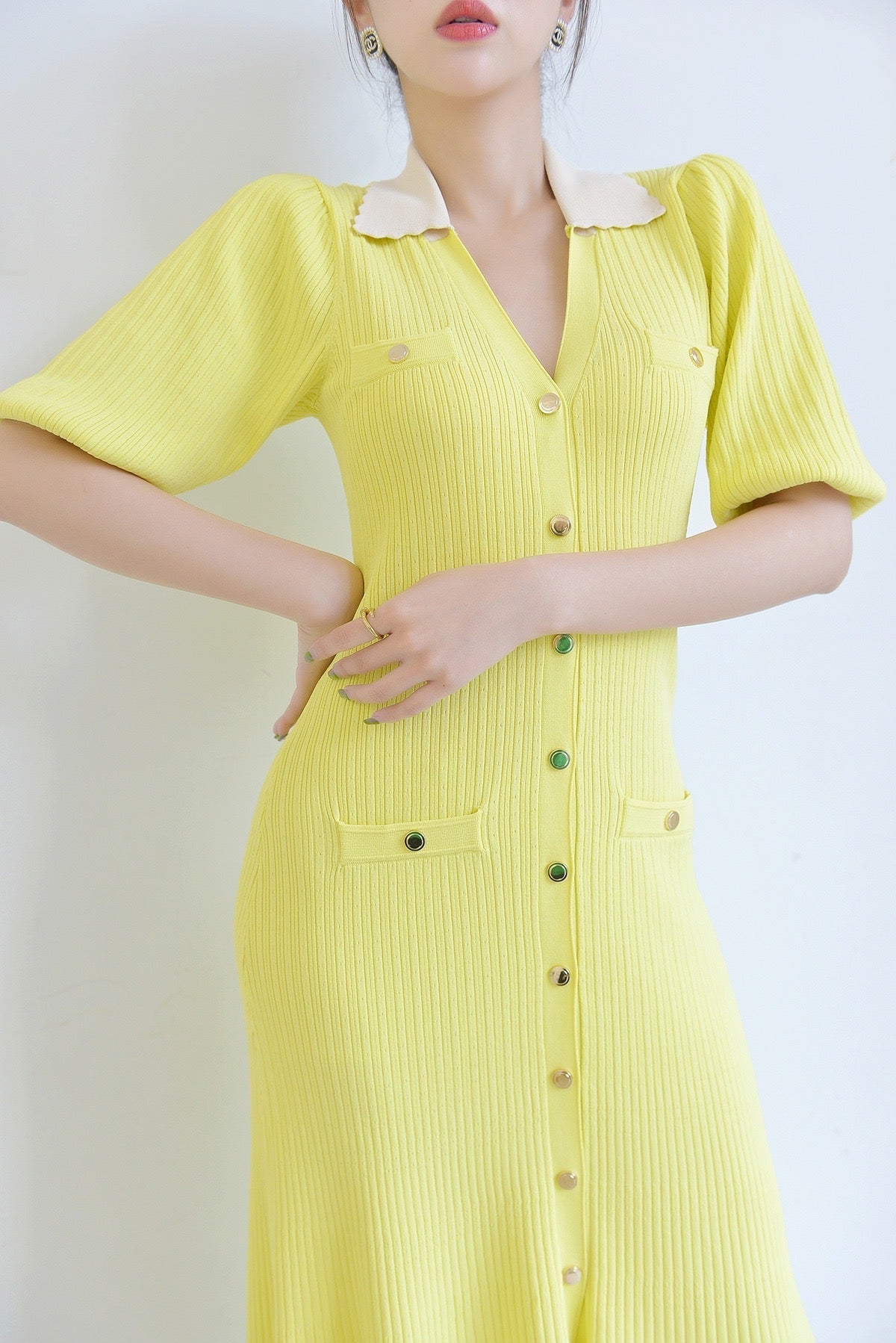 Sandro Collared Knit Button Down midi Dress - Yellow