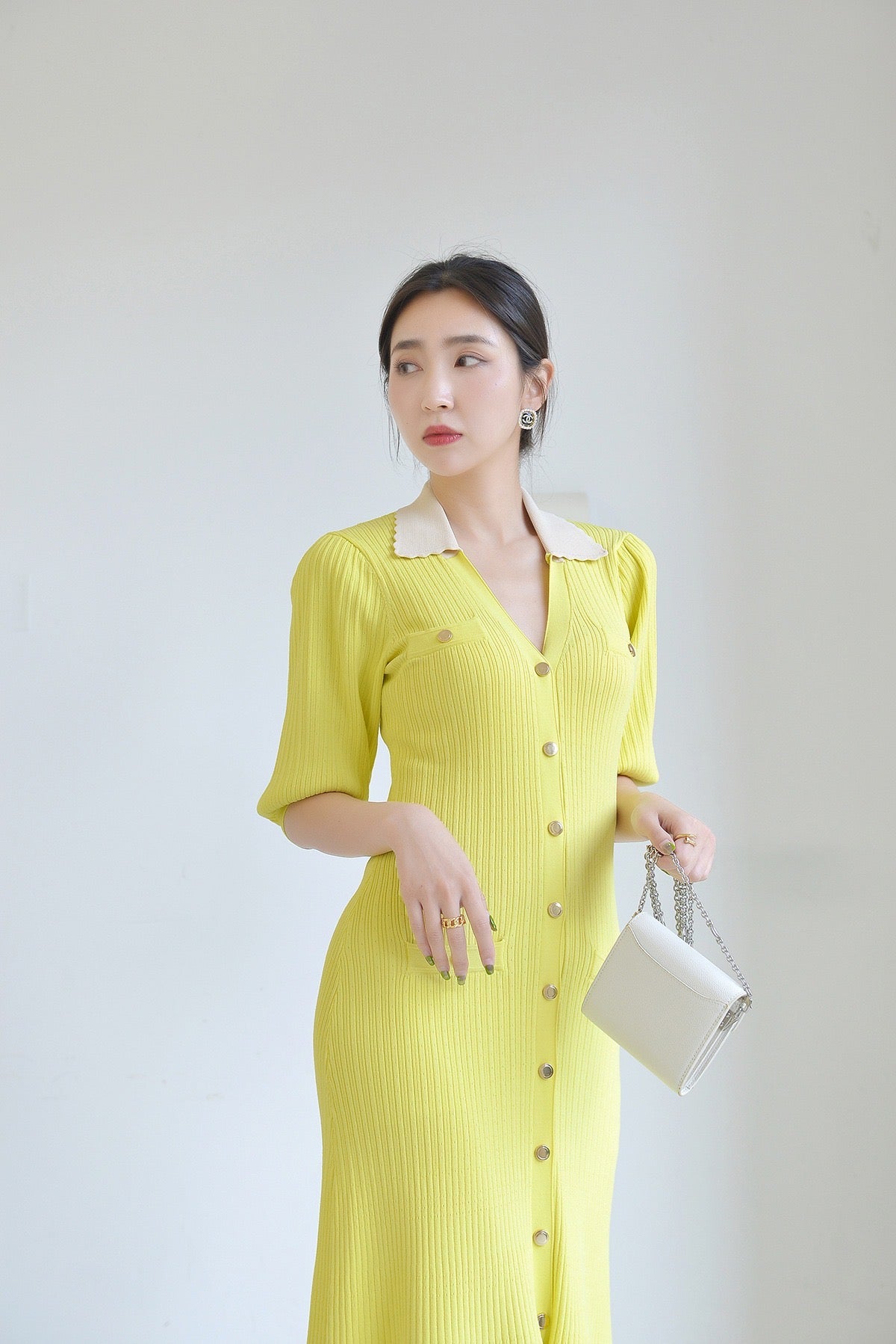 Sandro Collared Knit Button Down midi Dress - Yellow