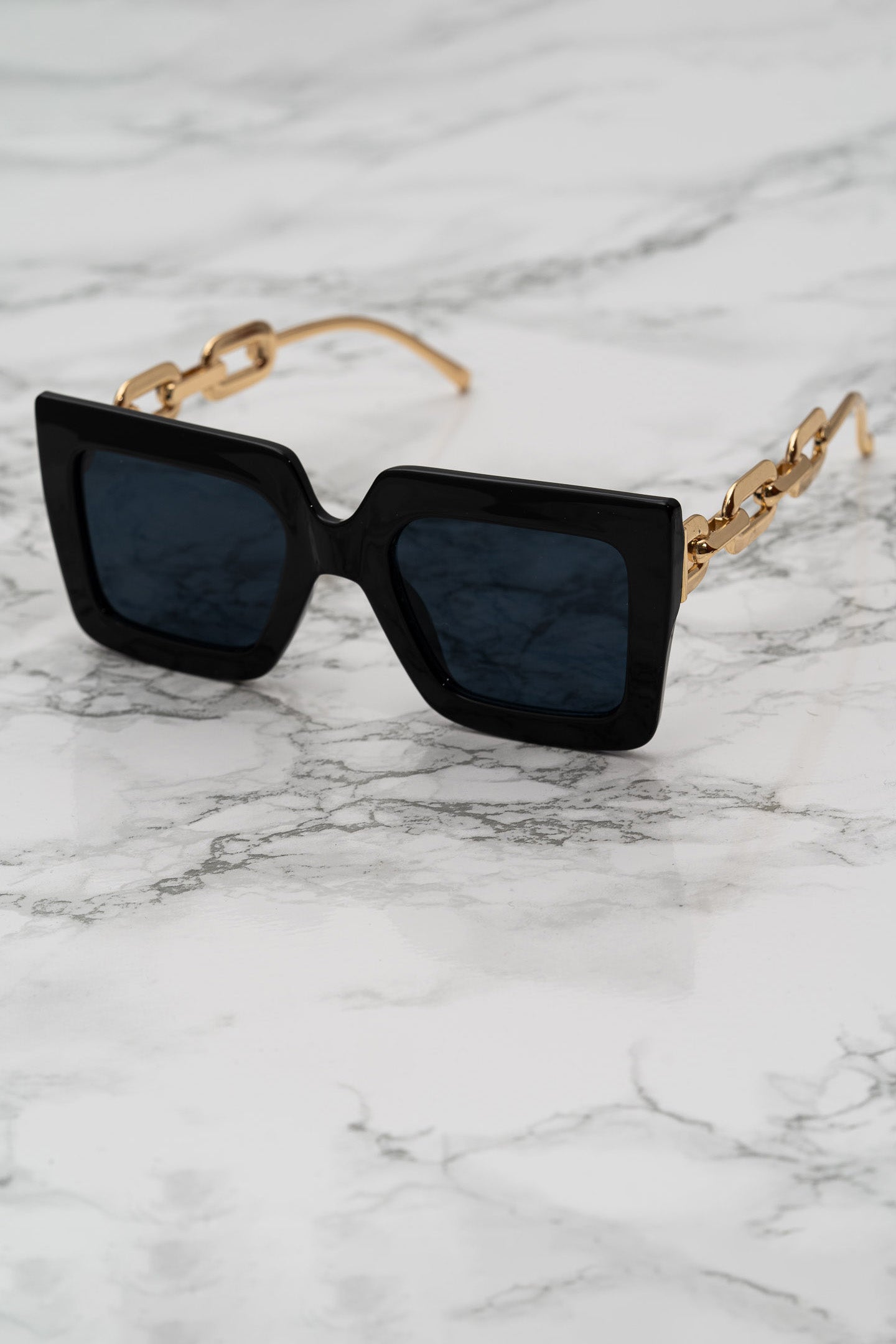 Square Sunglasses with Gold Chain Arms - Black