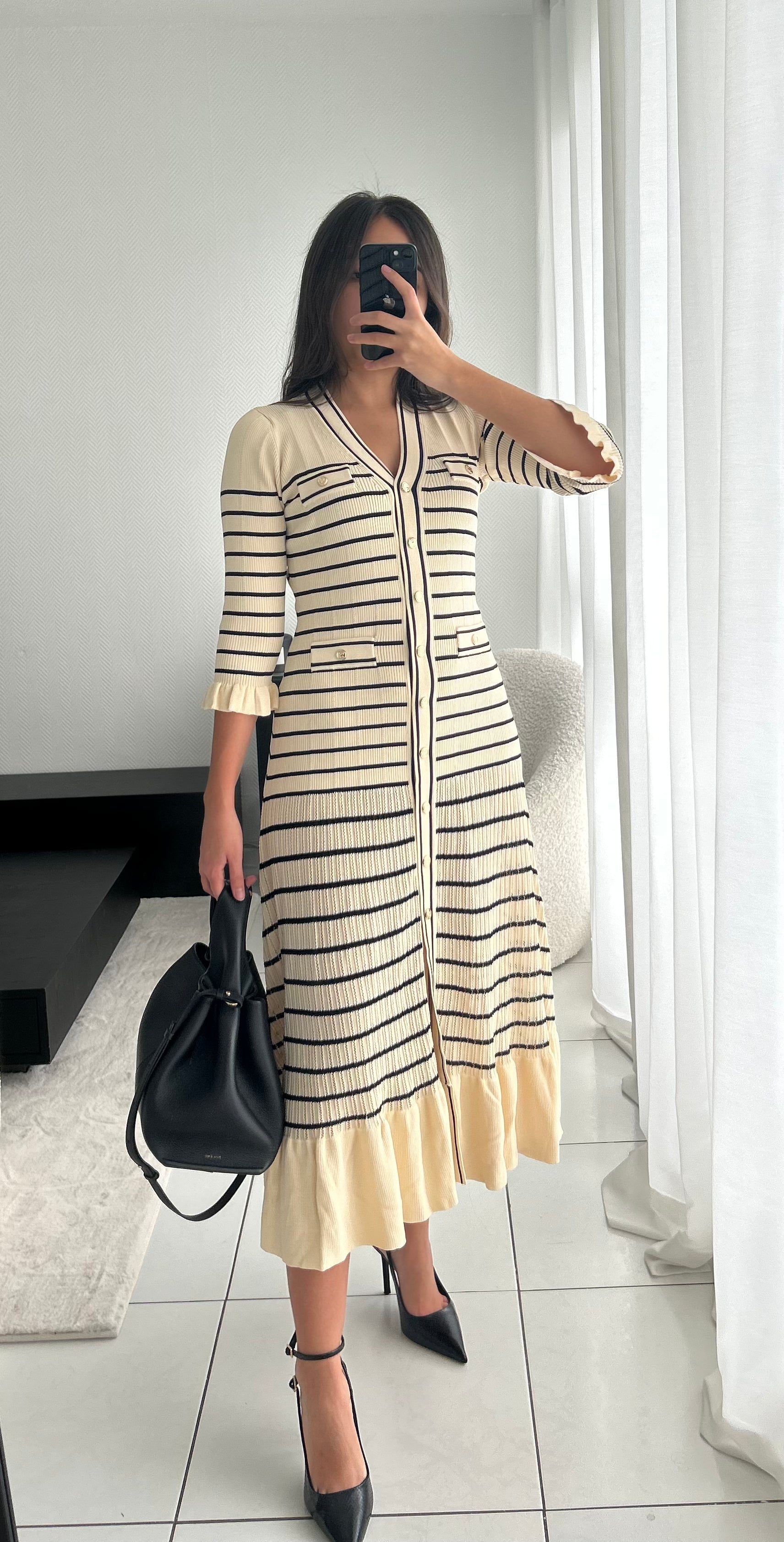 Sandro French Striped Knitted V-Neck Lace Sleeve Midi Dress - White and black