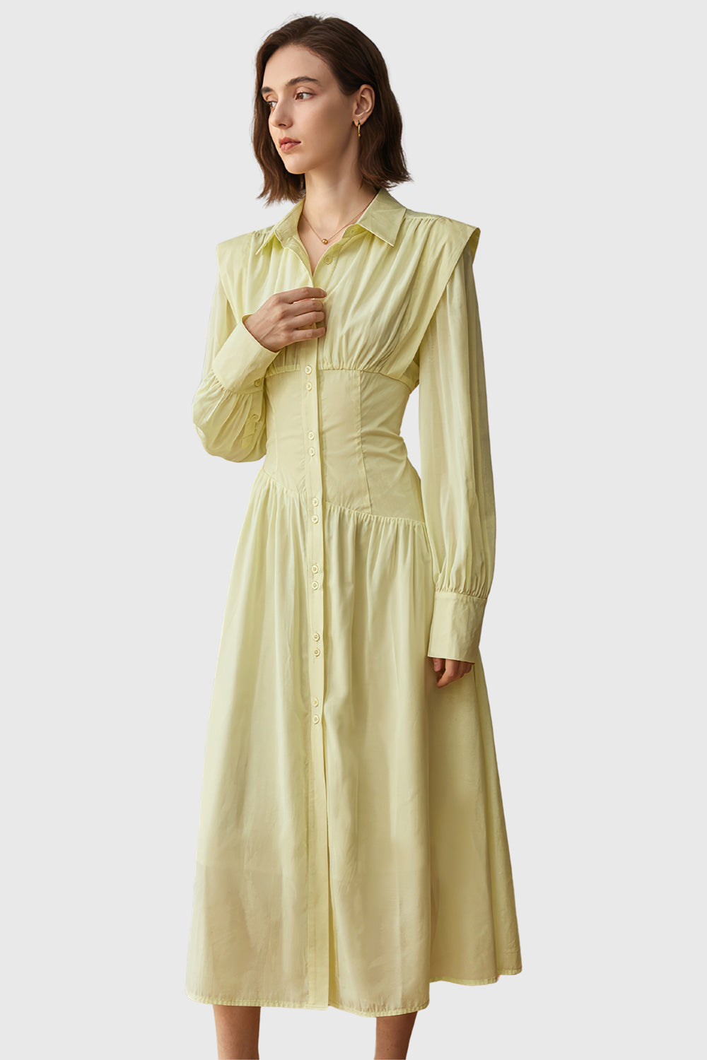 Buttoned Midi Dress With Long Sleeves - Yellow