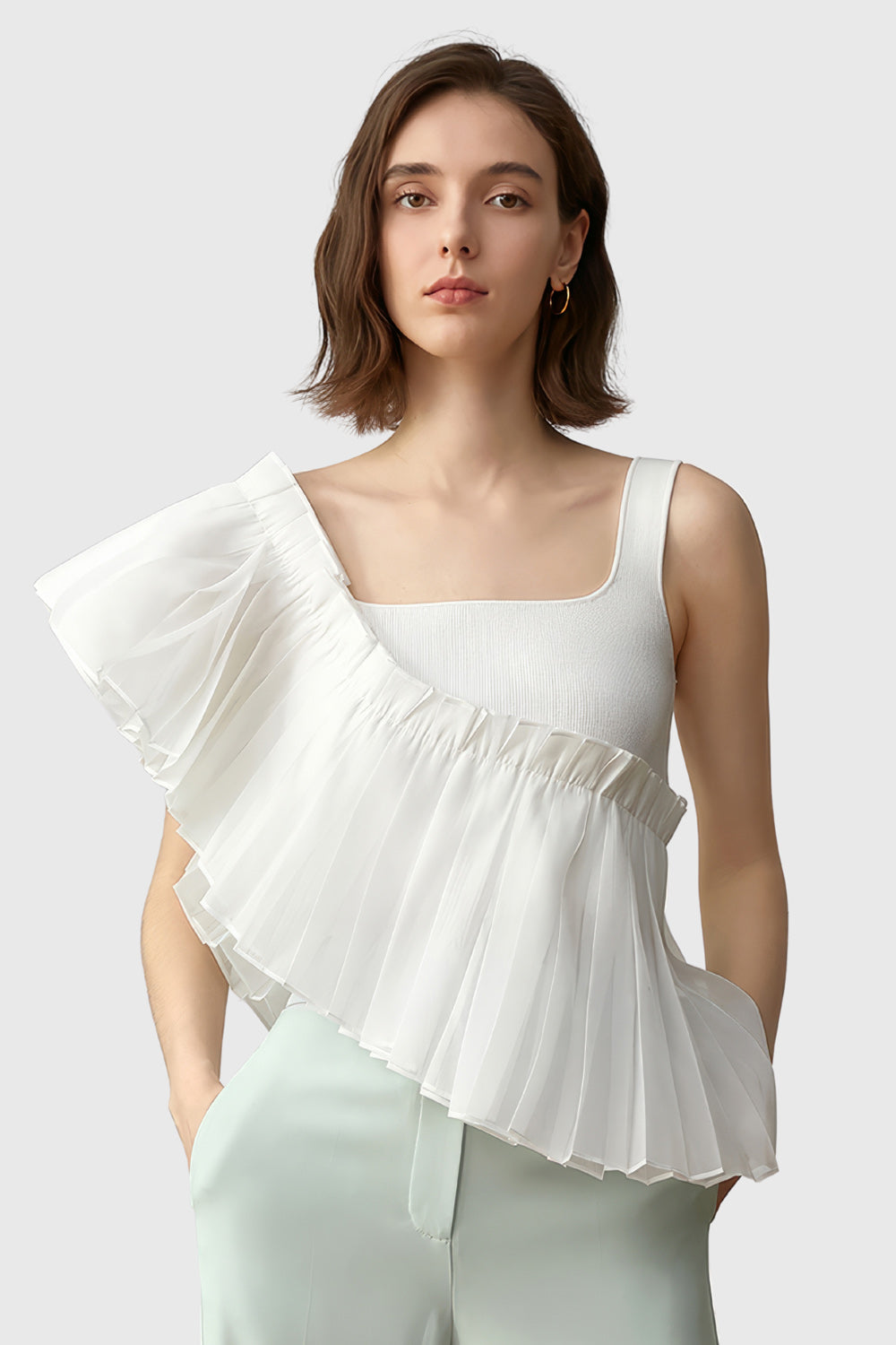 Top with Ruffle and Square Neck - White