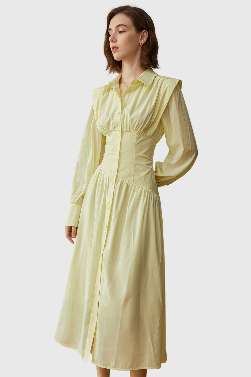 Buttoned Midi Dress With Long Sleeves - Yellow