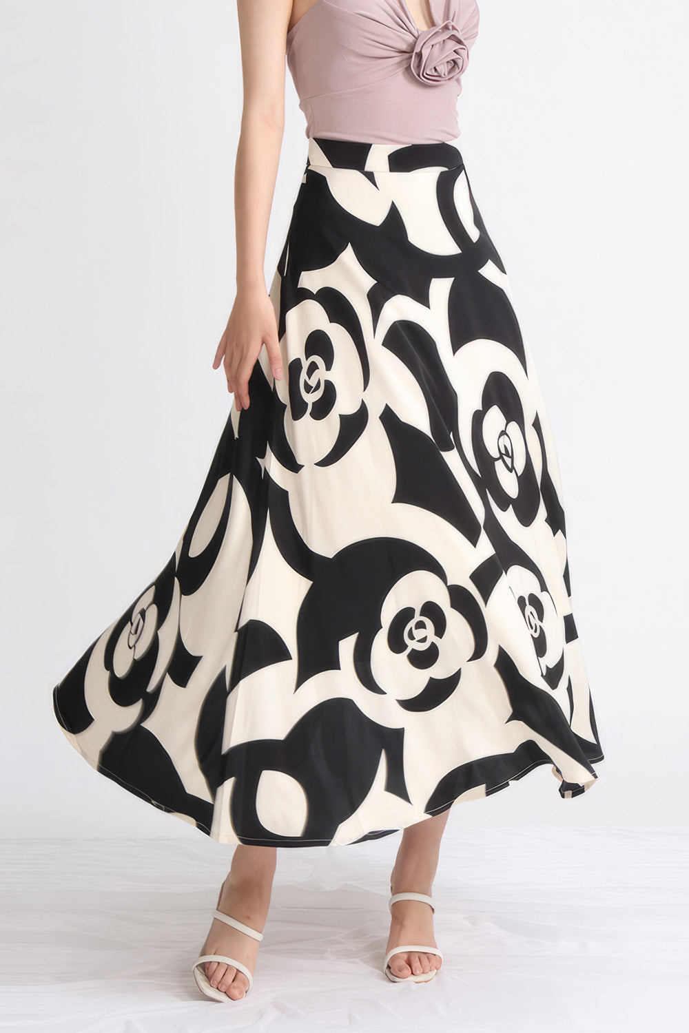 Patterned Midi Skirt - Black & Beige