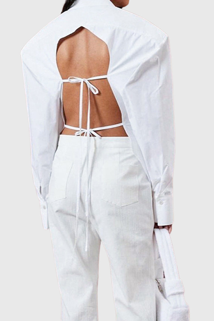 Shirt with Oversized Shoulders and Open Back - White