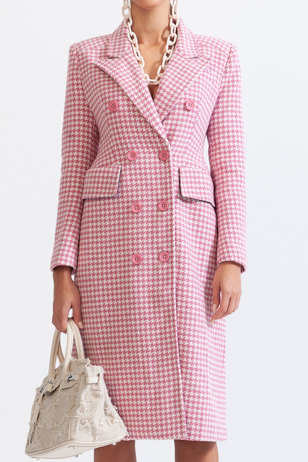 LUNA Houndstooth Coat with Pointed Shoulders - Pink