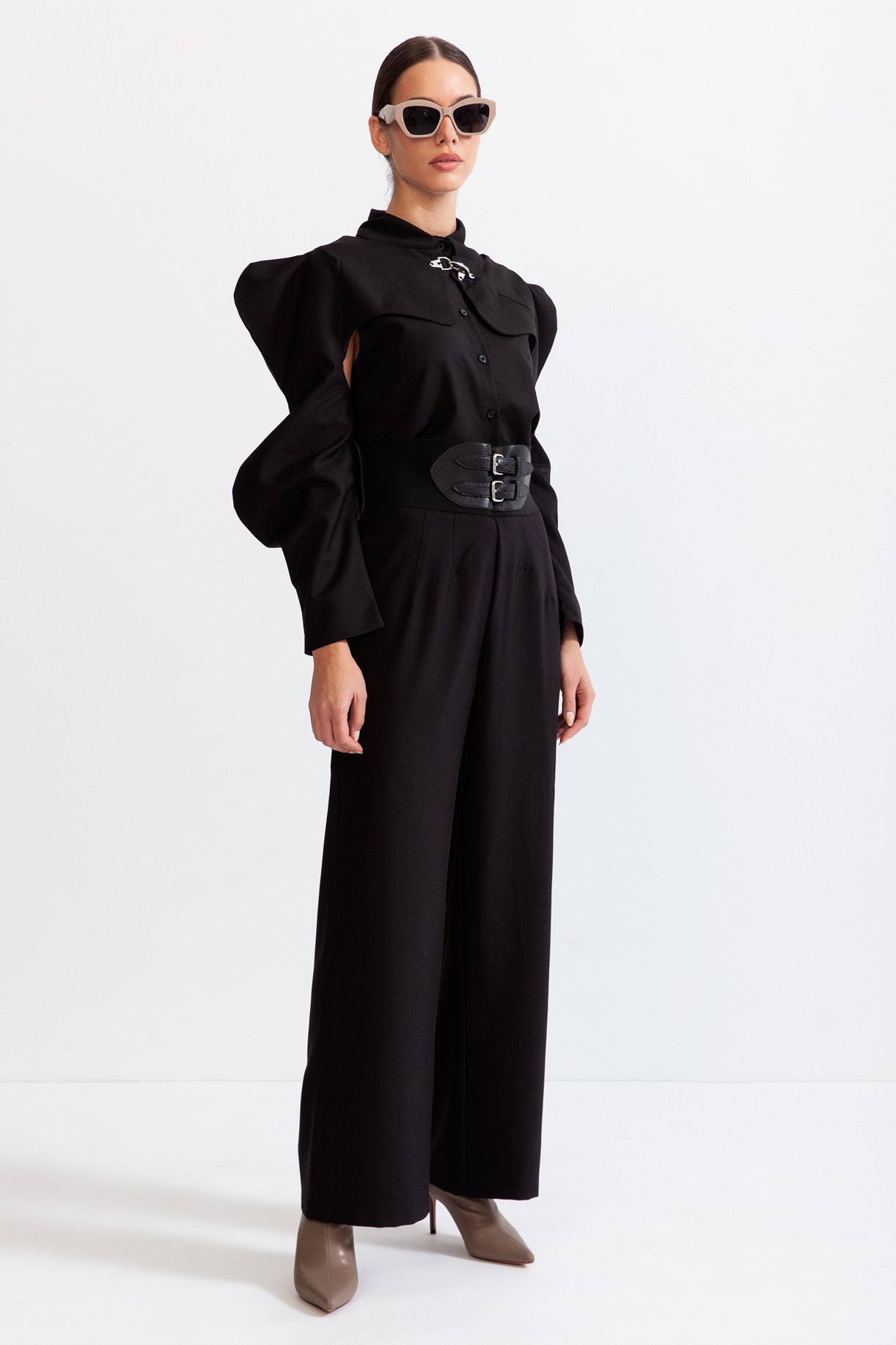 CAULINE Palazzo Trousers with Belted Waist - Black