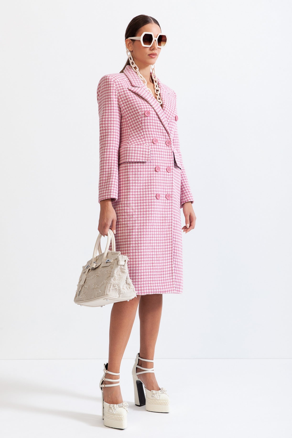 LUNA Houndstooth Coat with Pointed Shoulders - Pink