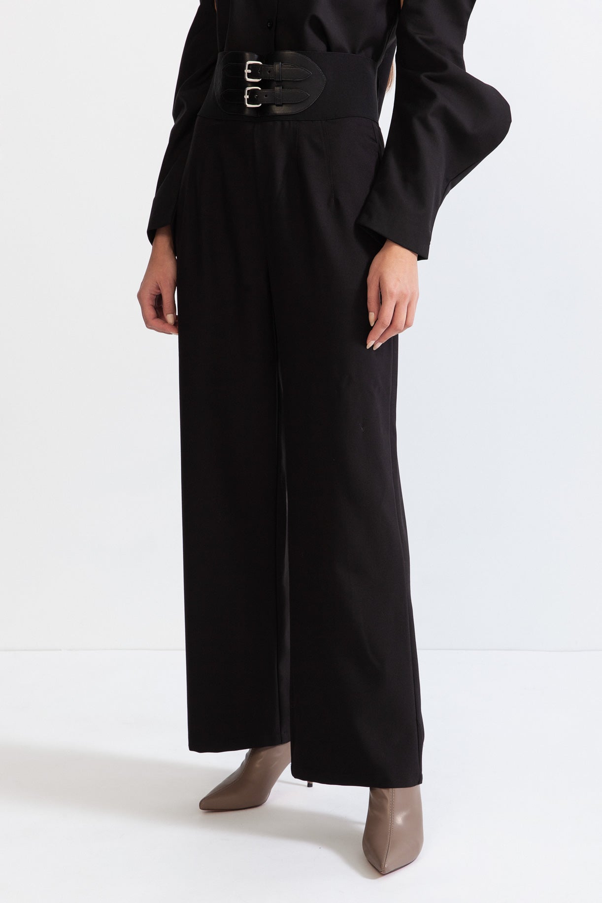 CAULINE Palazzo Trousers with Belted Waist - Black