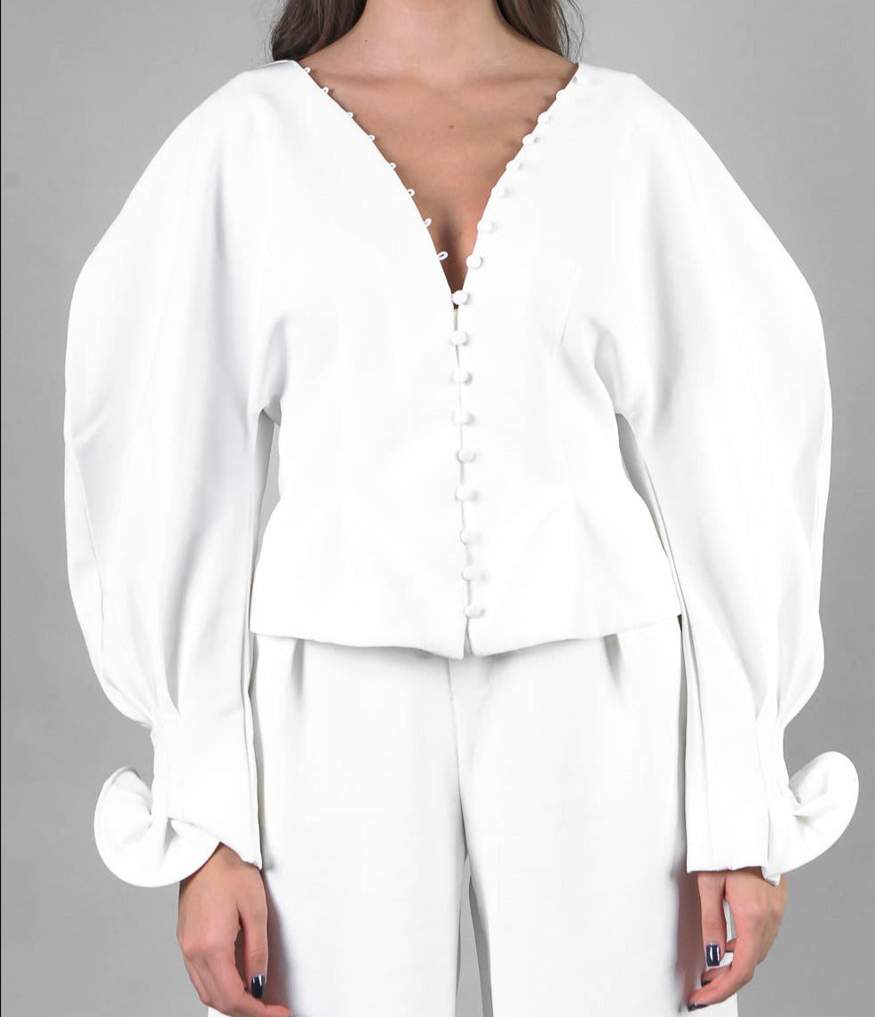 V-neck Shirt with Puffed Sleeves - White