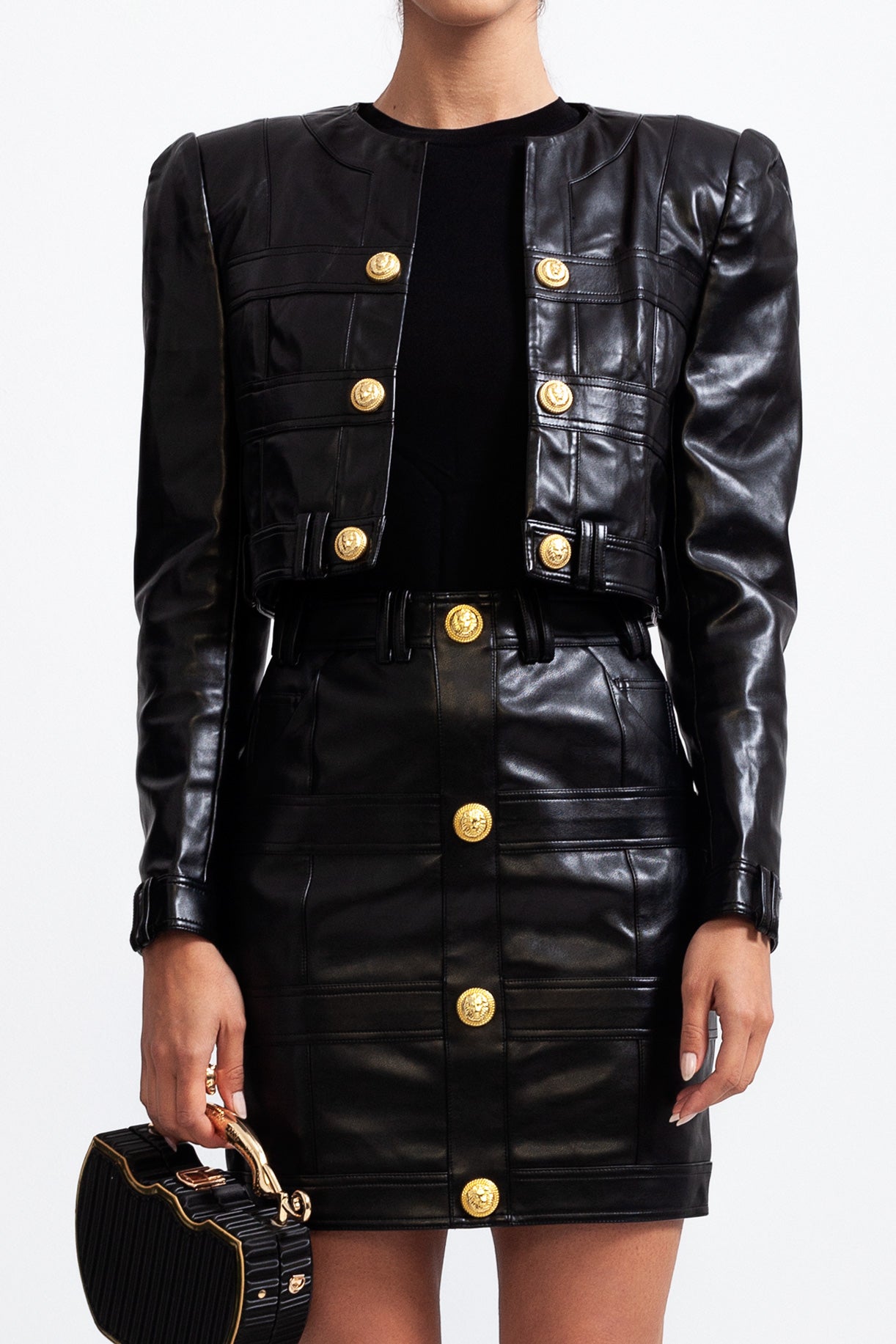 Vegan Leather Co-ord with Golden Buttons - Black