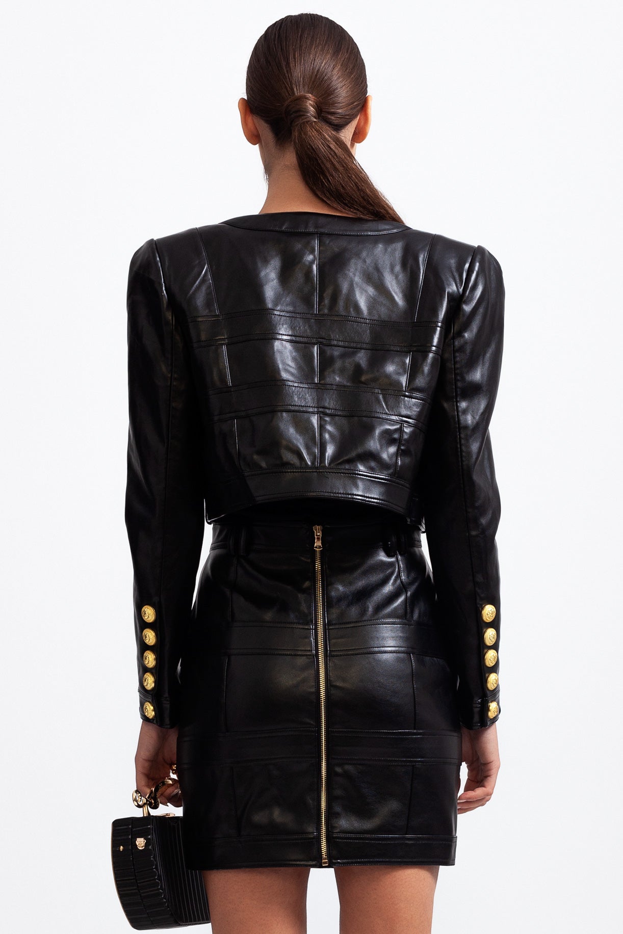 Vegan Leather Co-ord with Golden Buttons - Black