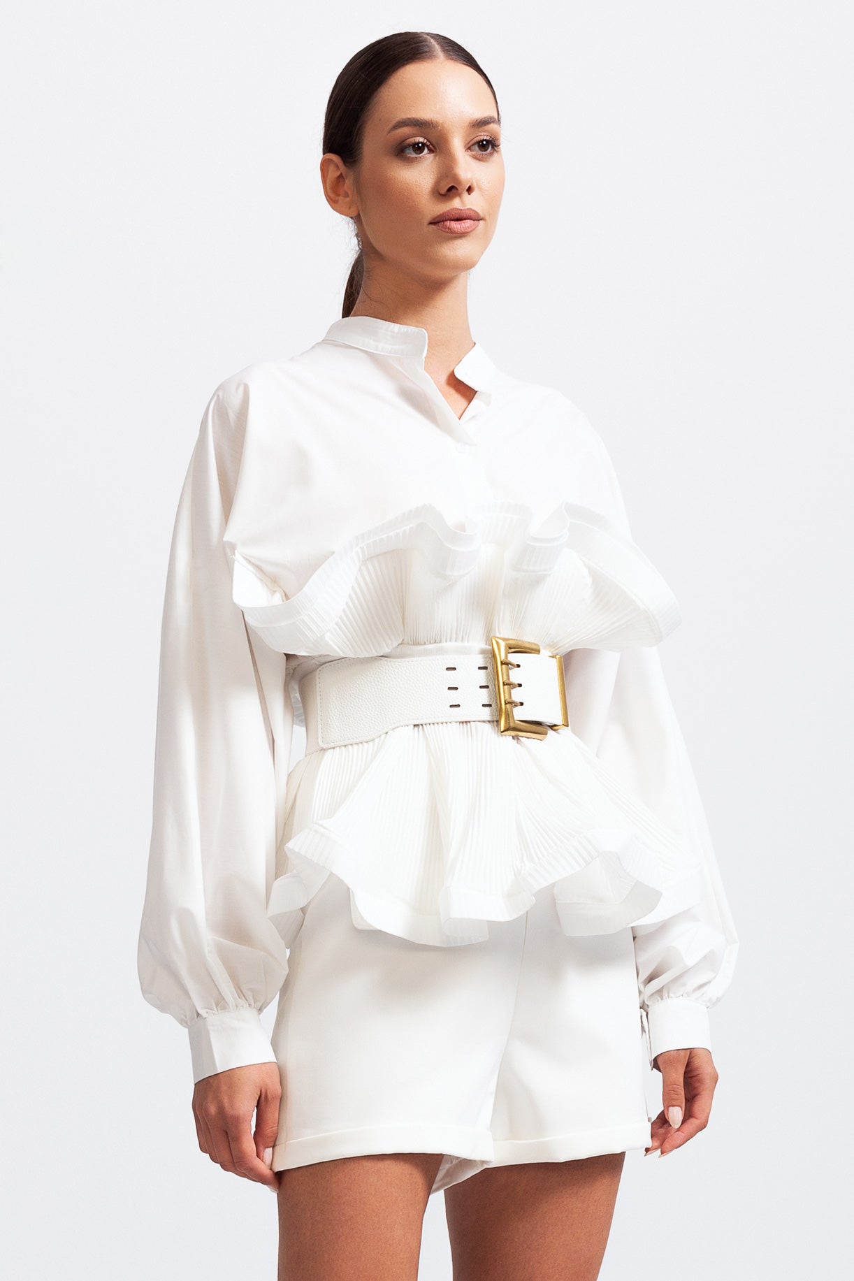 SERILDA Ruffle Shirt with Massive Belt - White