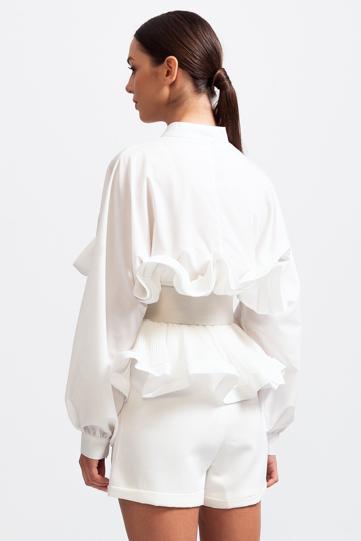 SERILDA Ruffle Shirt with Massive Belt - White