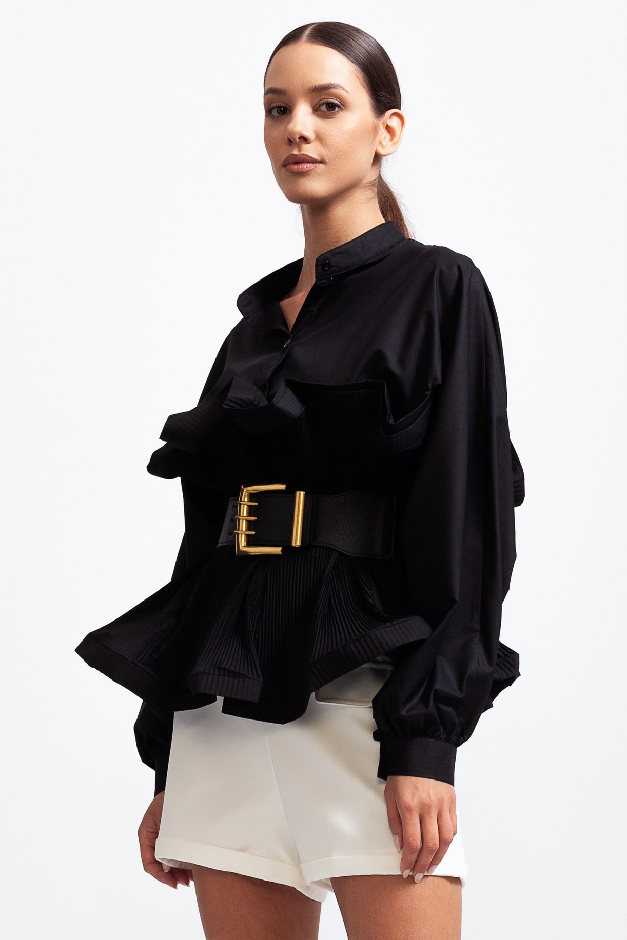 SERILDA Ruffle Shirt with Massive Belt - Black