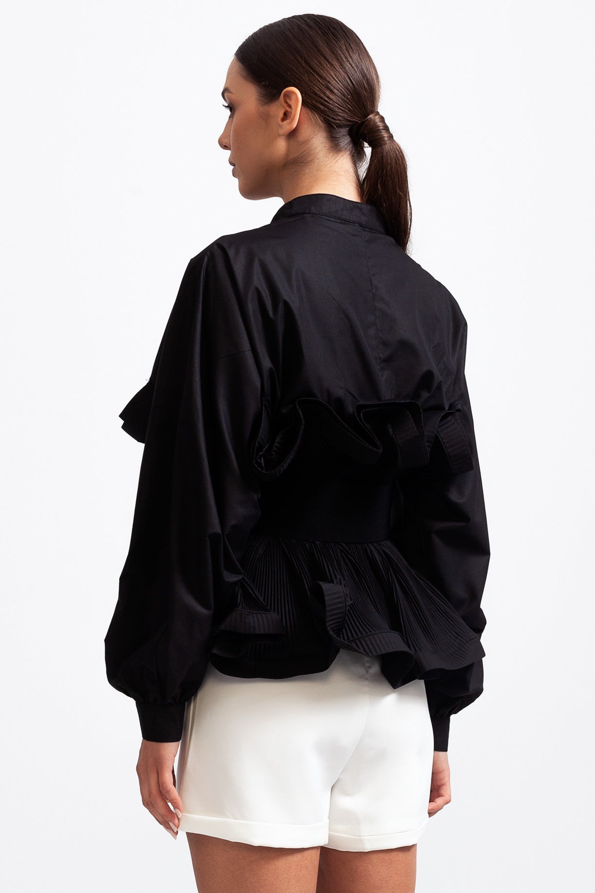 SERILDA Ruffle Shirt with Massive Belt - Black