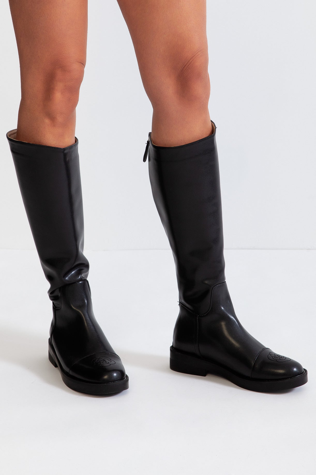 Vegan Leather High Knee Boots - Black