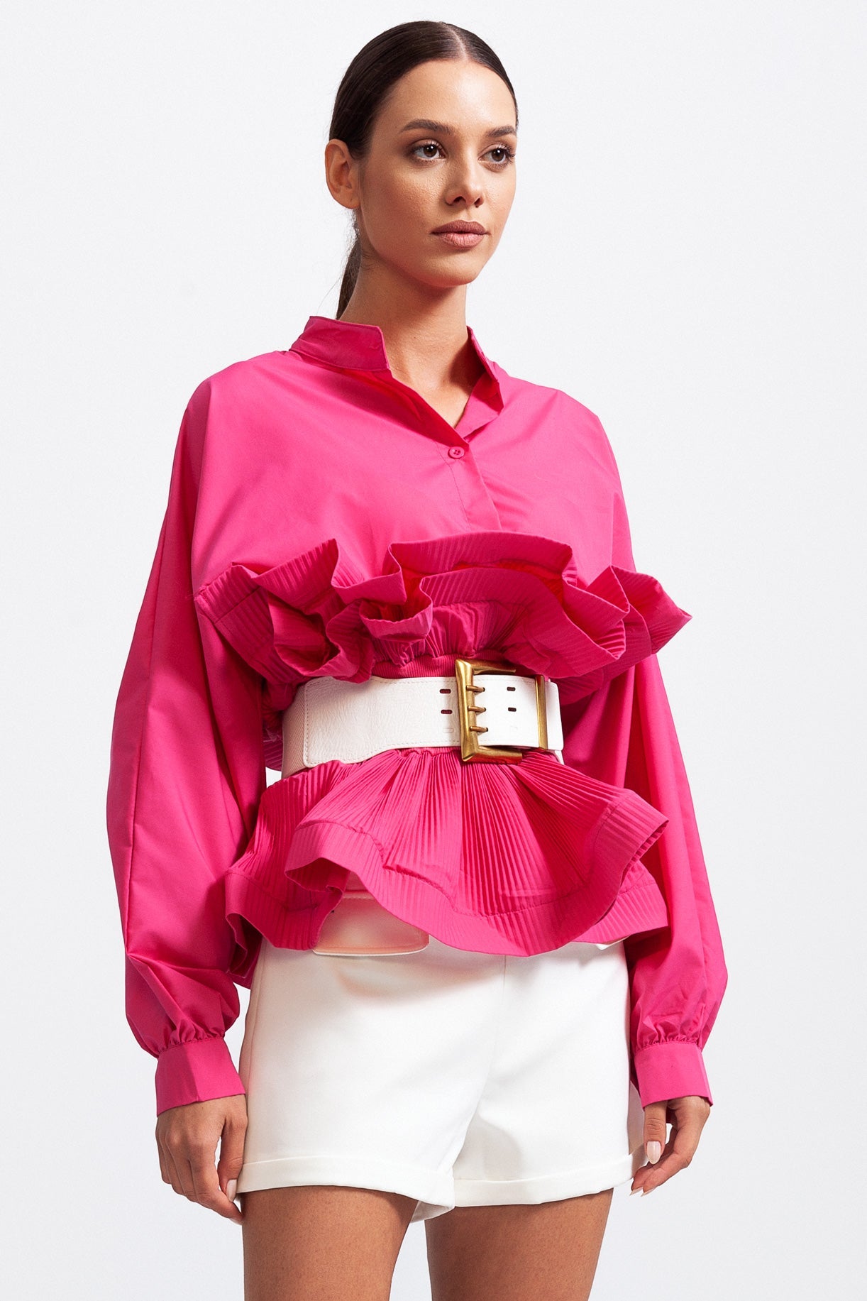 SERILDA Ruffle Shirt with Massive Belt - Fuchsia Pink