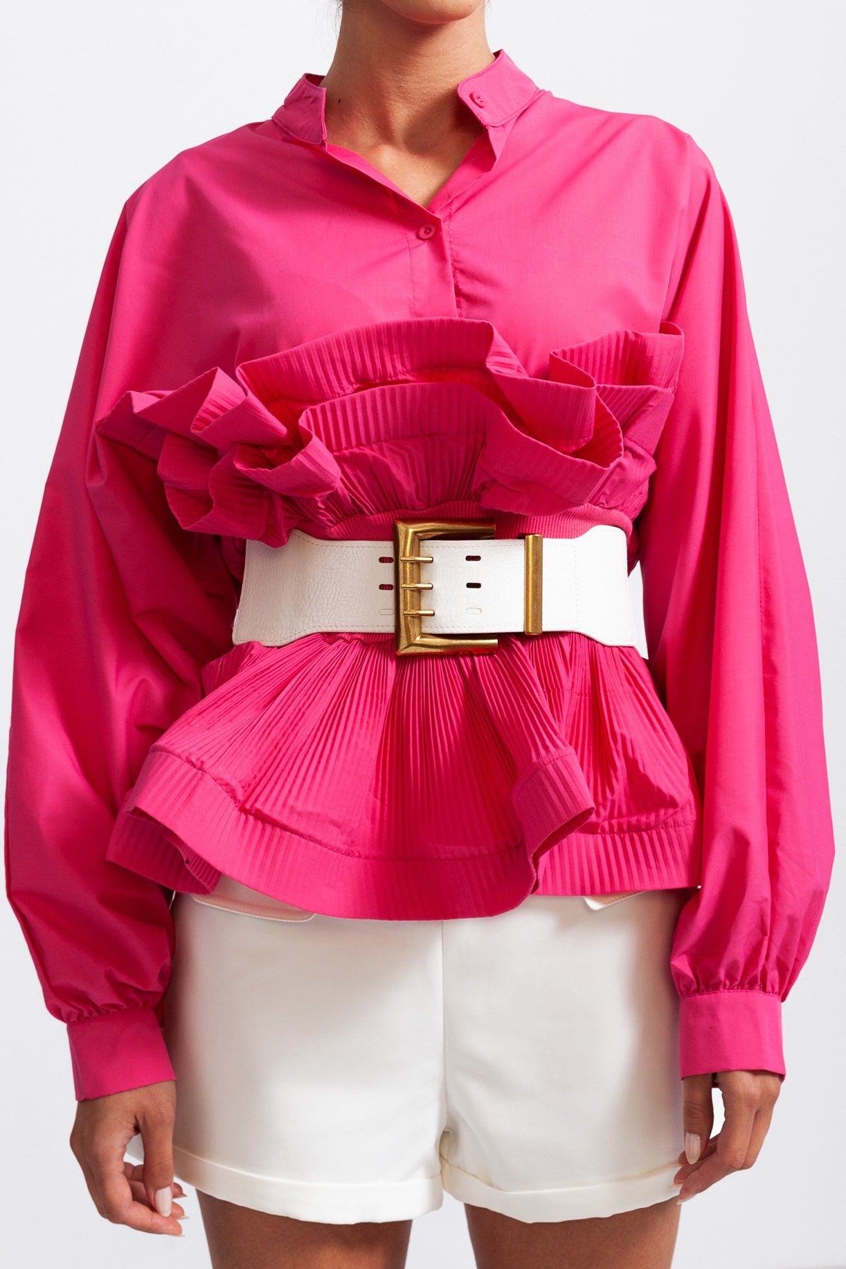 SERILDA Ruffle Shirt with Massive Belt - Fuchsia Pink