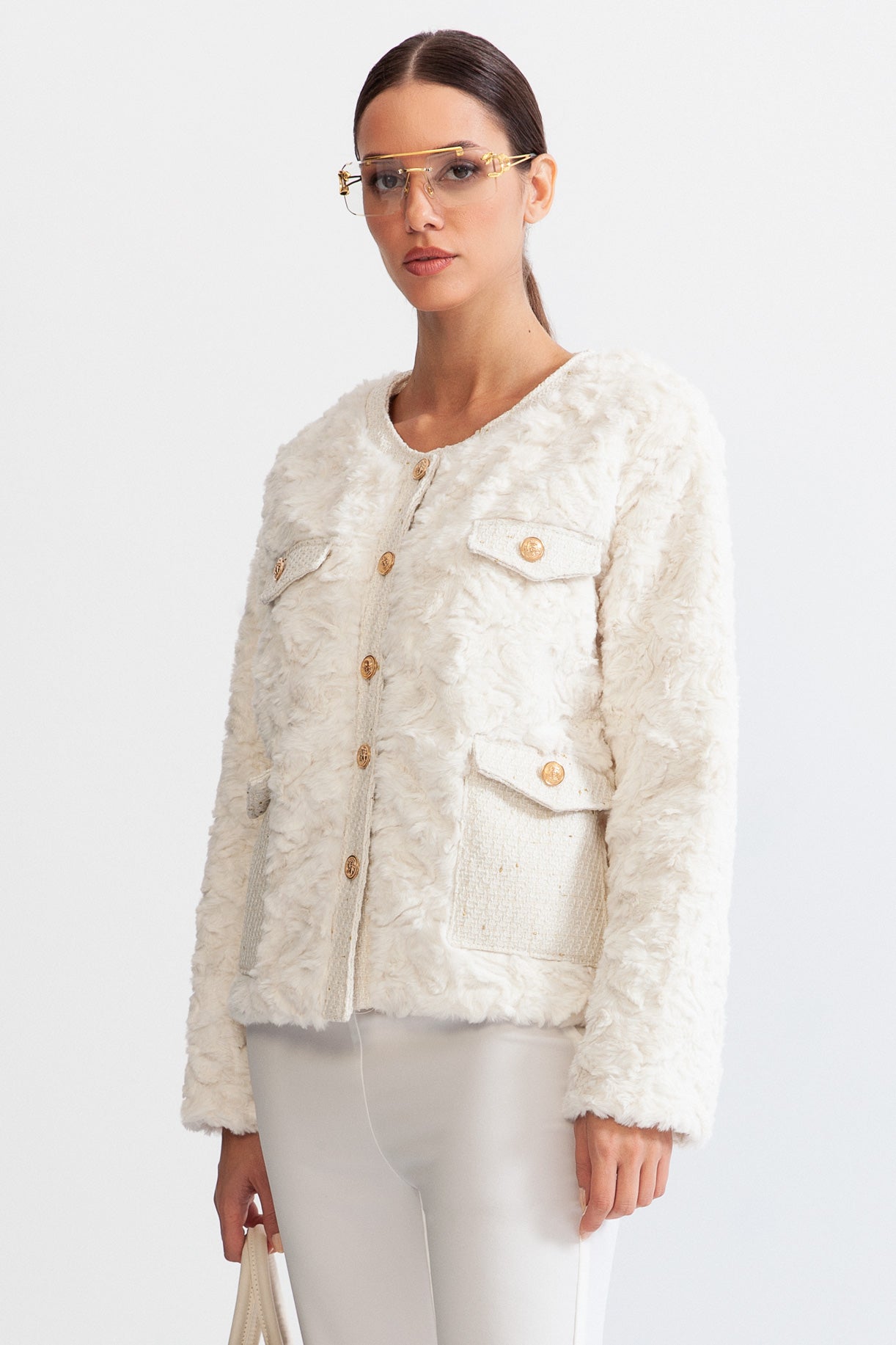 ELYSIAN Fluffy Jacket with Gold Buttons - White