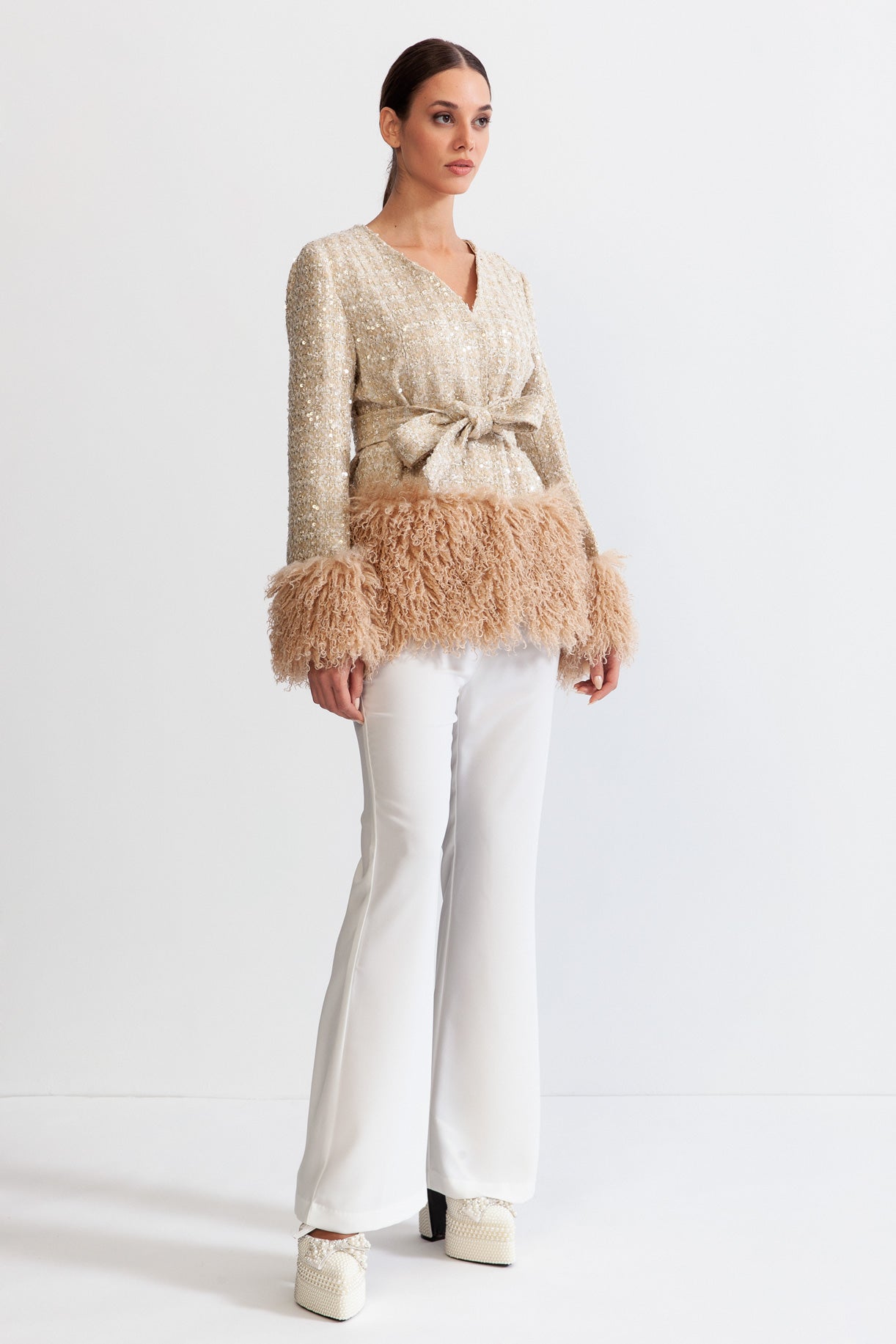 Sparkle blazer with fur effect - Beige