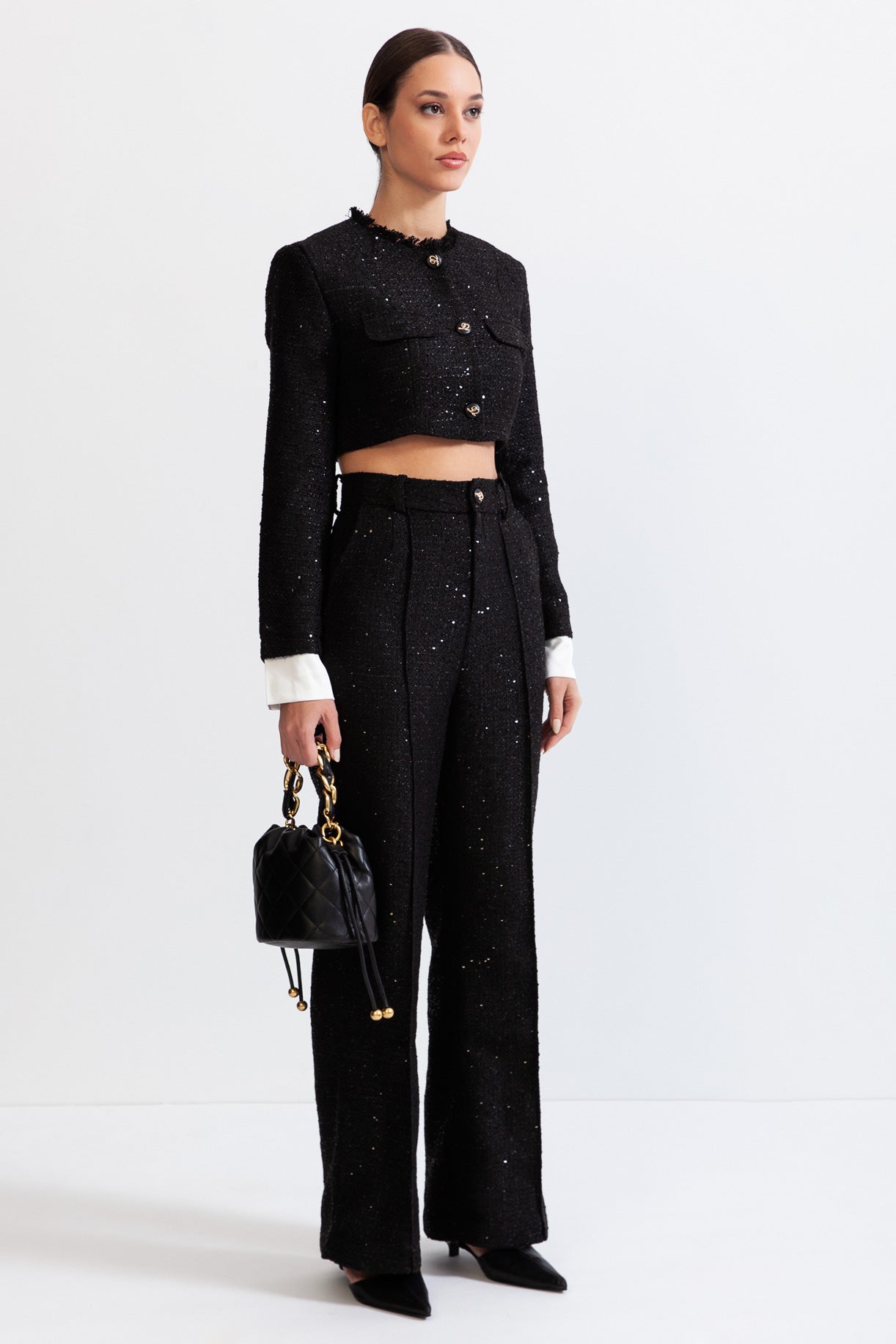 LEONORA Long Sleeve Tweed Co-Ord with Sequin Details - Black