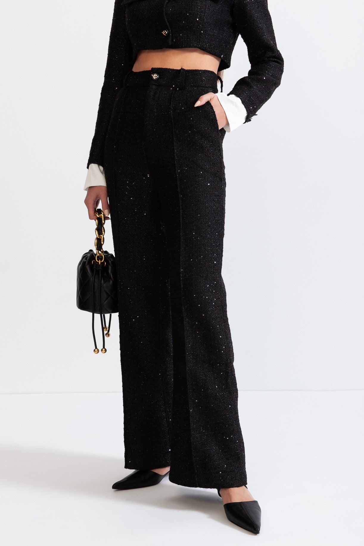 LEONORA Long Sleeve Tweed Co-Ord with Sequin Details - Black