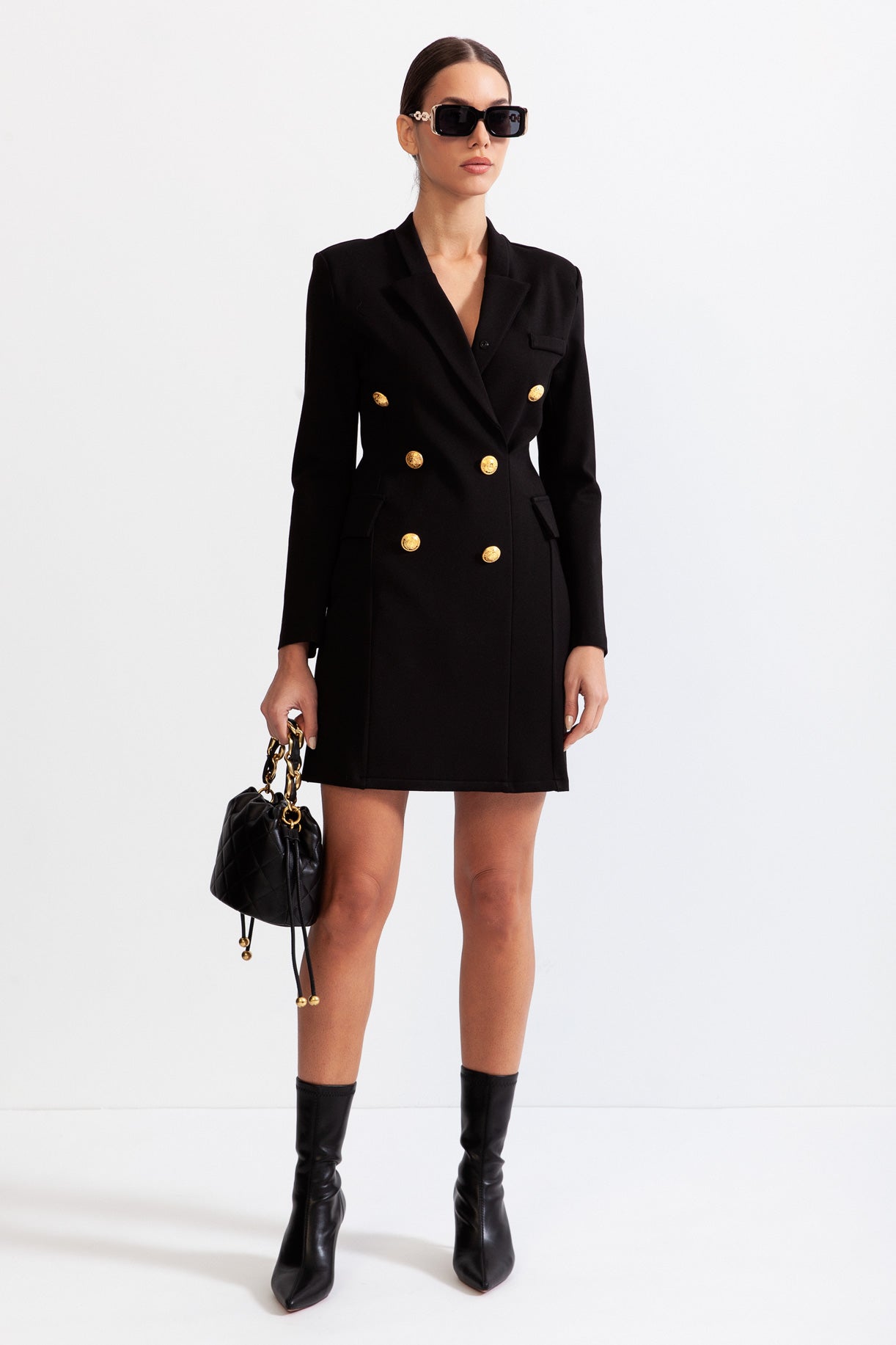 GABRIELLA Classic Mini dress with massive Gold buttons - Black