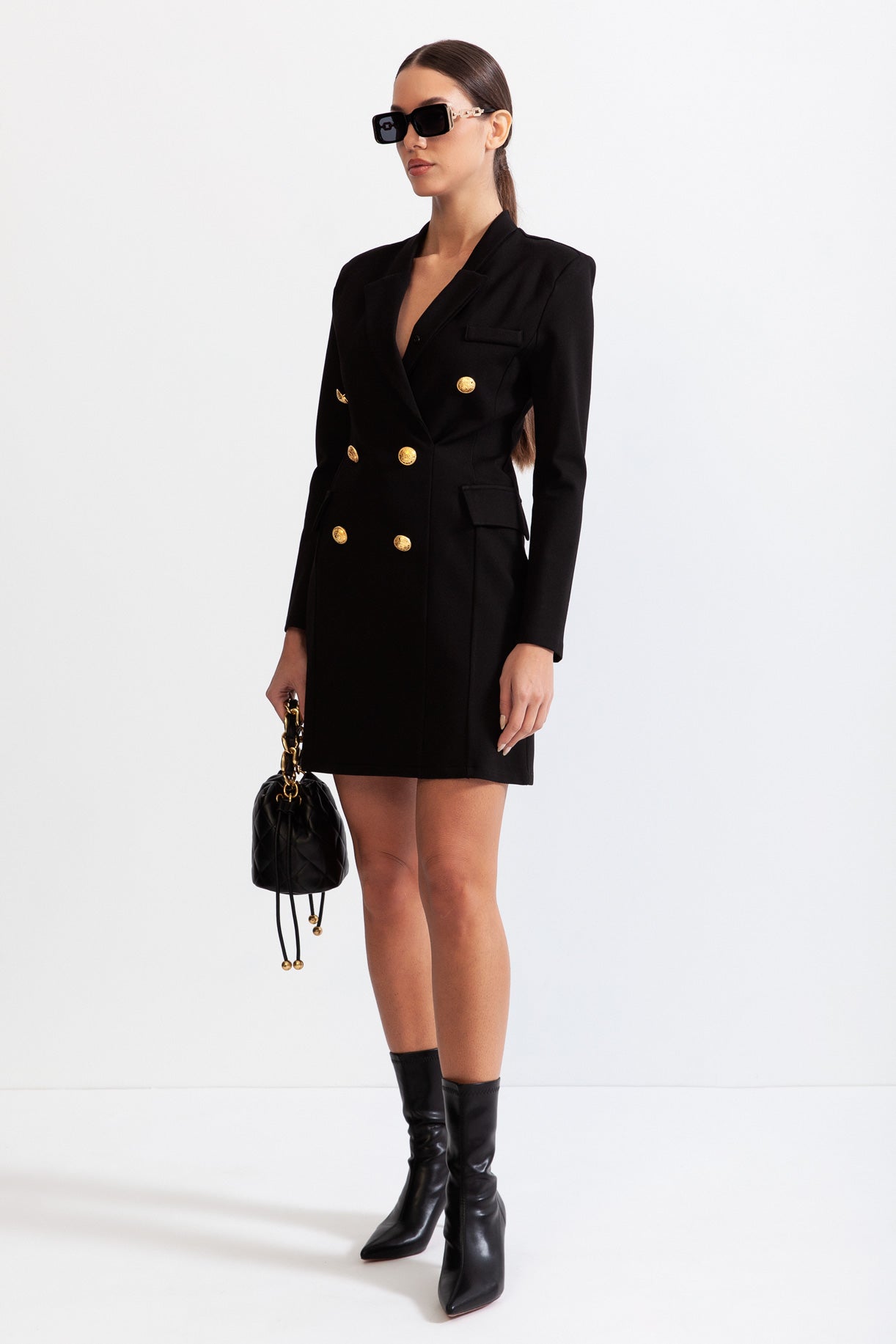 GABRIELLA Classic Mini dress with massive Gold buttons - Black