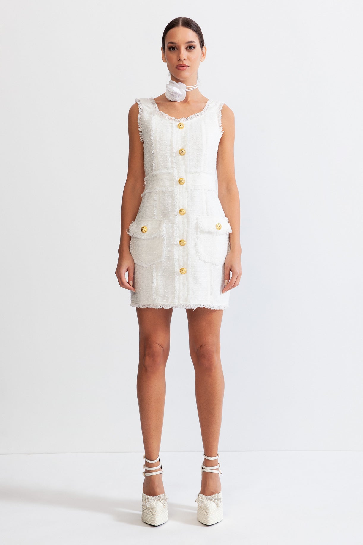 MONA Sleeveless Tweed Mini dress with gold buttons - White