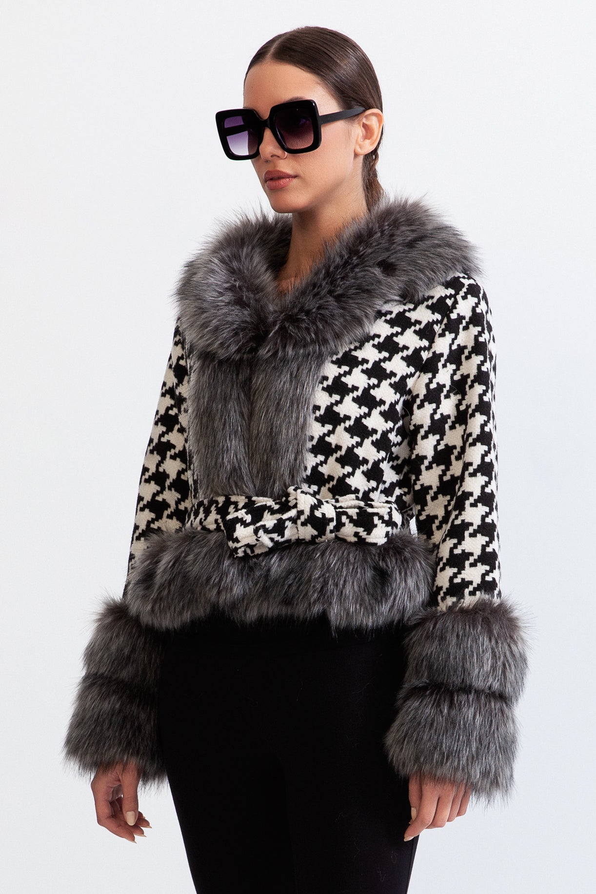 ARIA Houndstooth Wool Belted Coat with Fur