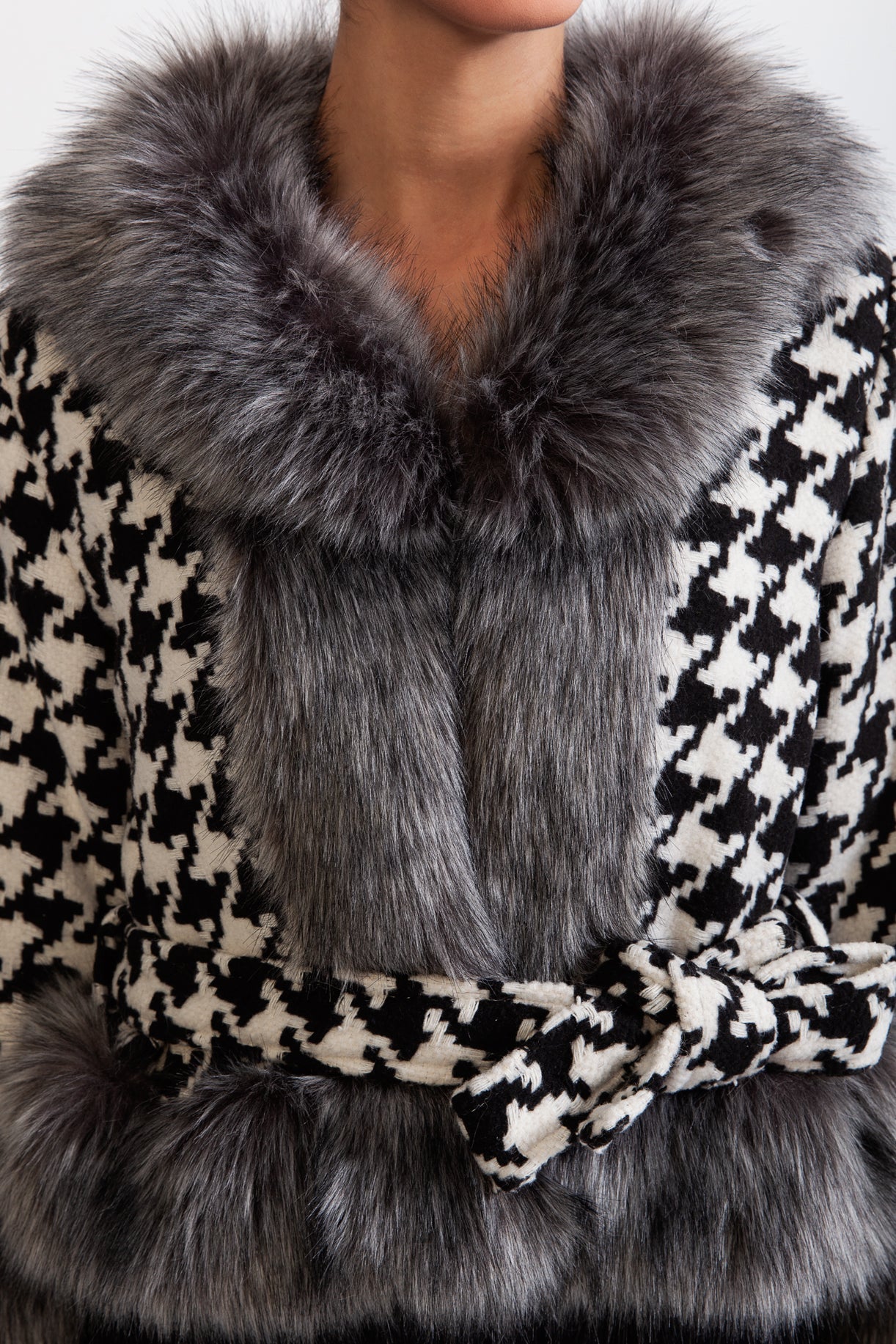 ARIA Houndstooth Wool Belted Coat with Fur