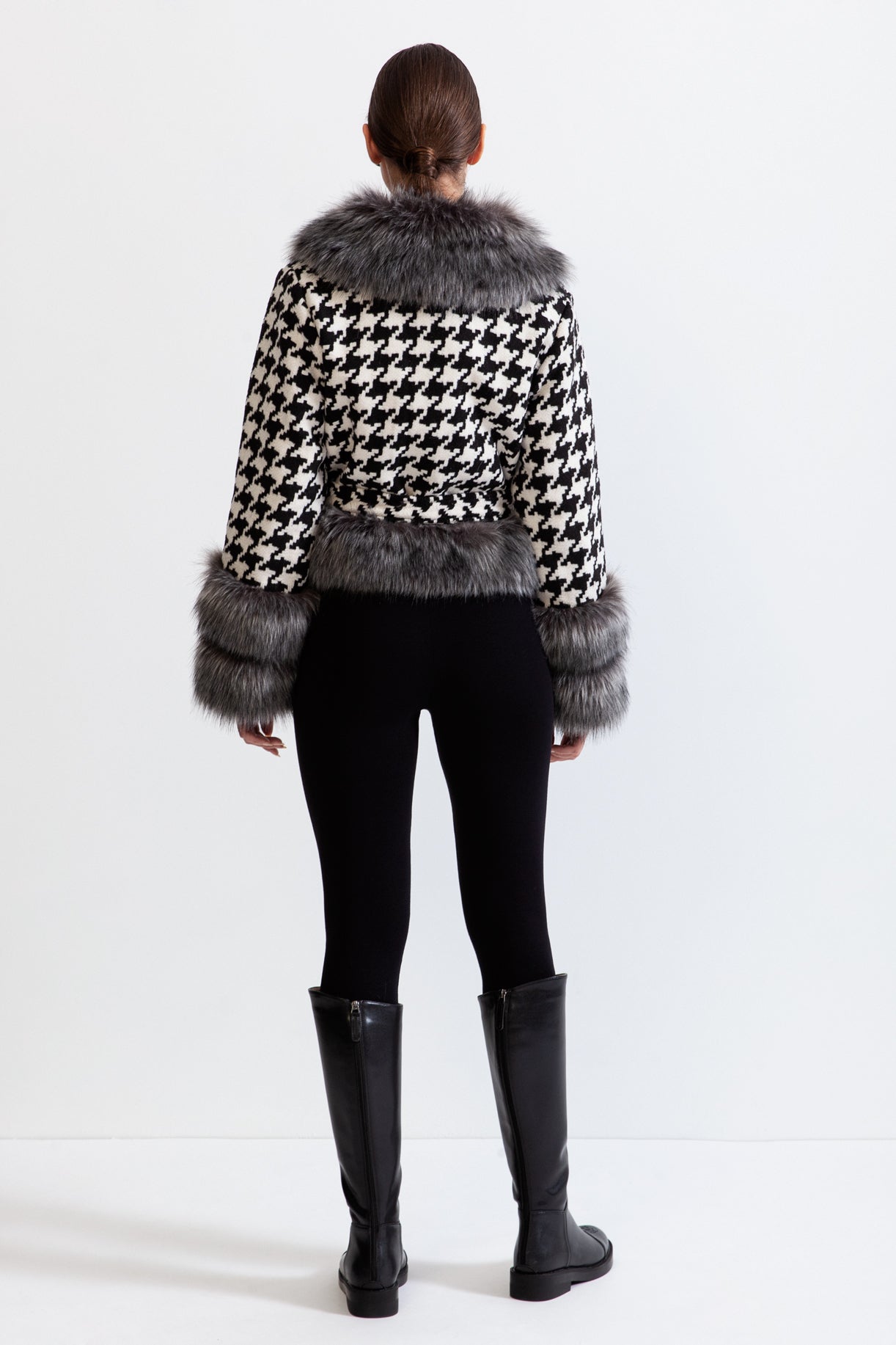 ARIA Houndstooth Wool Belted Coat with Fur